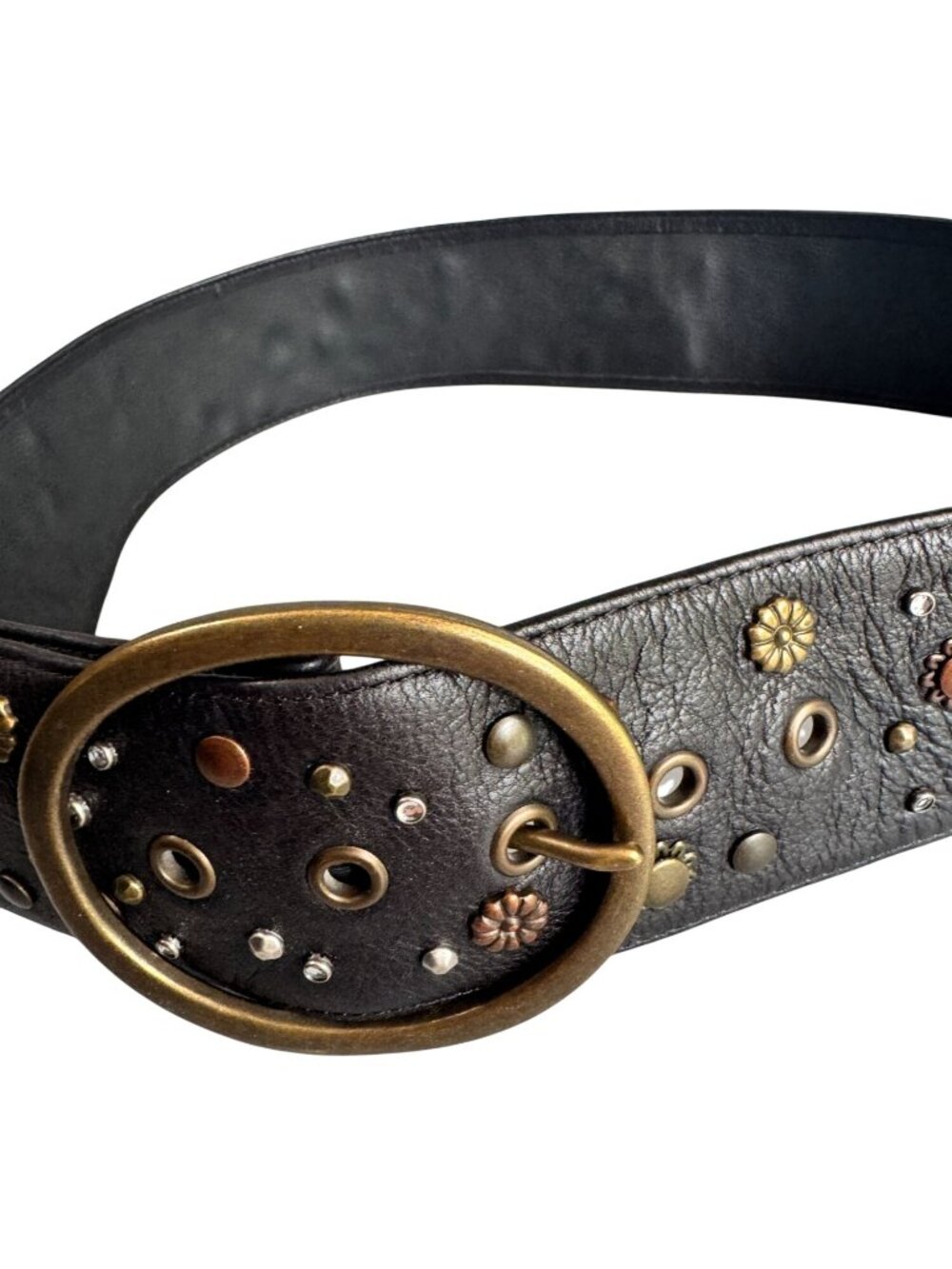 Wide Black Genuine Leather Studded Belt Boho Western Mixed Metal M 40" - Picture 3 of 7